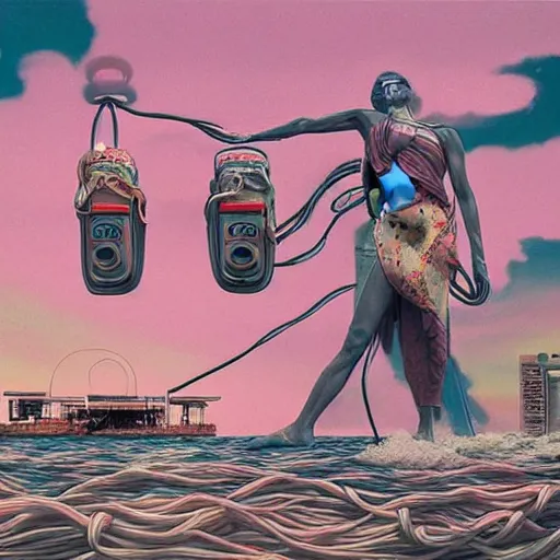 Image similar to Tristan Eaton & Greg Rutkowski, award winning masterpiece with incredible details, Zhang Kechun, a surreal vaporwave vaporwave vaporwave vaporwave vaporwave painting by Thomas Cole of an old pink mannequin head with cables and wires coming out of it's neck, sinking underwater, highly detailed