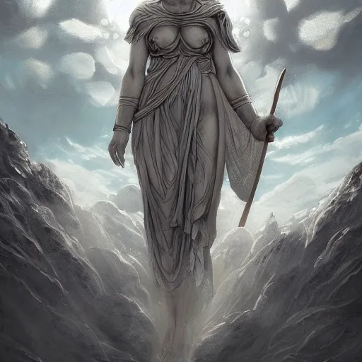 Image similar to A digital masterpiece illustration concept art of a giant statue of a Greek Goddess with its top in the heaven, symmetrical face, symmetrical body, taiga landscape + inspired art by by WLOP + Extremely detailed and intricate complexity + epic composition, magical atmosphere, cinematic lighting + wide long shot, wide angle + trending on artstation + 8k