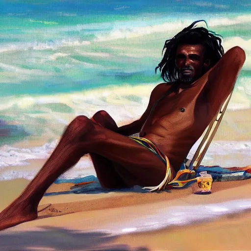 Image similar to beautiful portrait of a somali man, with long curly black hair, relaxing on the beach, by wang ling wlop