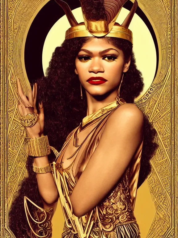 Image similar to Zendaya as Bast the Egyptian goddess, a beautiful art nouveau portrait by Gil elvgren, moonlit Nile river environment, centered composition, defined features, golden ratio, intricate gold jewlery featured in vogue, skincare, makeup