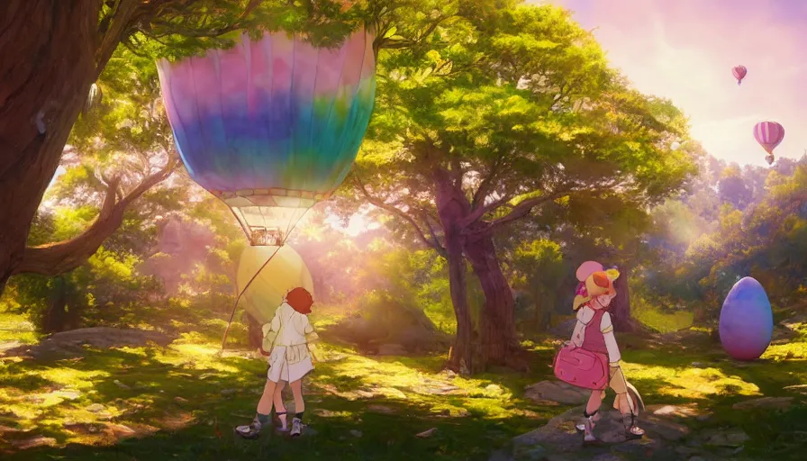 Prompt: a colorful easter egg as hot air balloon, beautiful ancient trees, hiding large treasure chest, serene evening atmosphere, soft lens, soft light, cel - shading, animation, in the style of cgsociety, deviantart, artstation, zbrush, cinema 4 d, studio ghibli, akihiko yoshida, atelier lulua, masamune shirow