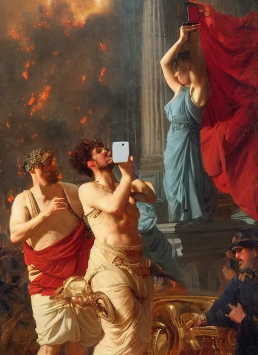 Image similar to julius caesar taking a selfie as rome burns behind him by vladimir volegov and alexander averin and pierre auguste cot and delphin enjolras