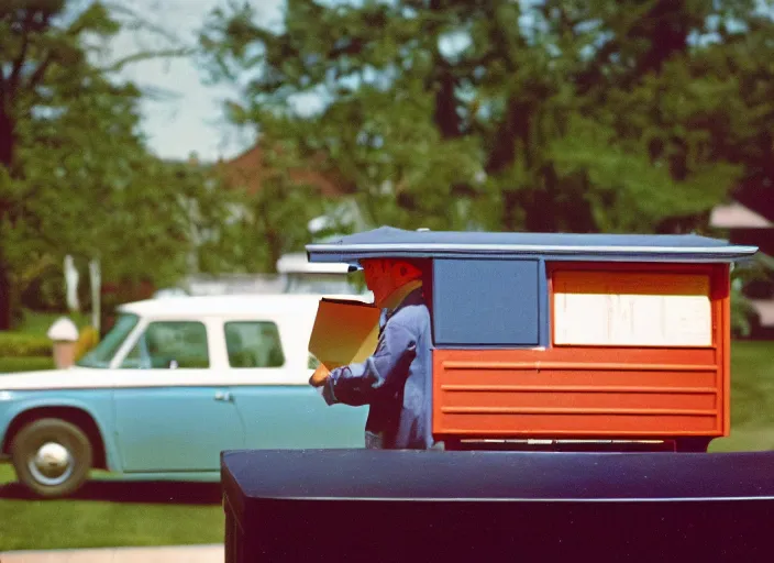 Image similar to a 3 5 mm photo from the back of a mailman delivering the mail to a suburban house in the 1 9 6 0 s, bokeh, canon 5 0 mm, cinematic lighting, dramatic, film, photography, golden hour, depth of field, award - winning, 3 5 mm film grain