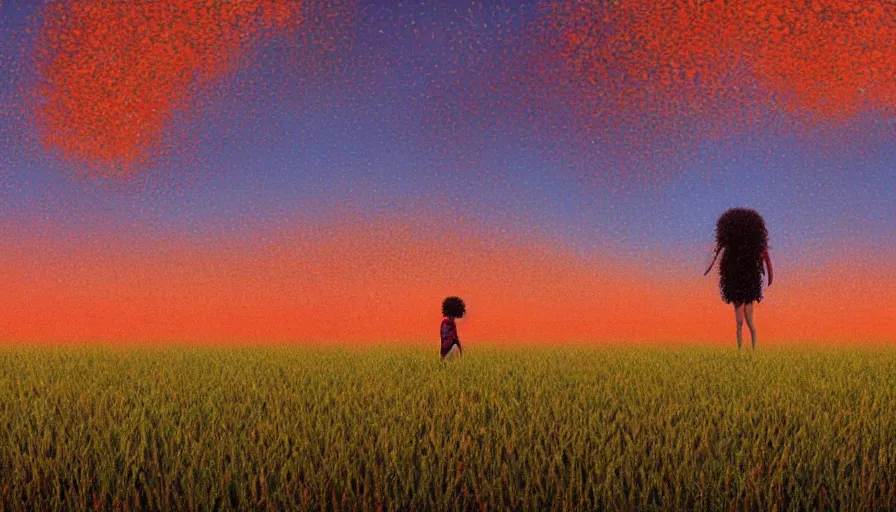 Prompt: giant red carnation afro head, full body, full body, girl walking in a wheat field, surreal photography, hills, sunrise dramatic light, impressionist painting, colorful clouds, digital painting, pointillism, artstation, simon stalenhag