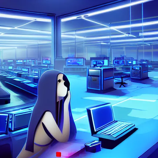 Image similar to prairie dog hacker in a blue-lit room surrounded by computers, highly detailed, trending on pixiv
