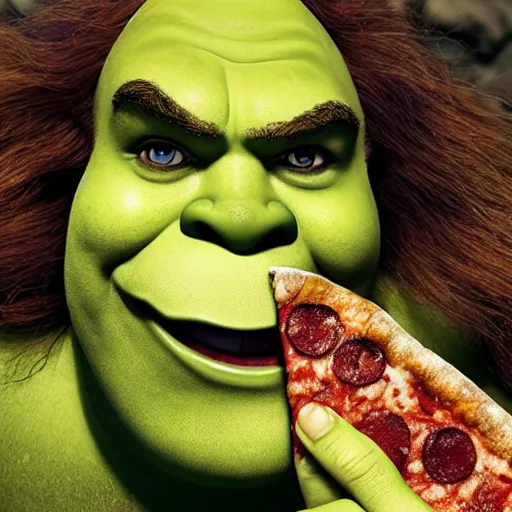 Prompt: a gorgeous shrek with long brown hair, eating infinite pizza, photo by oliver valsecchi, realistic, perfect face, half body shot, wide angle, sharp focus, 8 k high definition, insanely detailed, intricate, elegant, art by stefan kostic, cherry blossoms