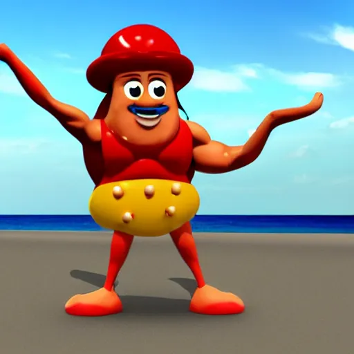 Image similar to render of muscular pizza man, beach background