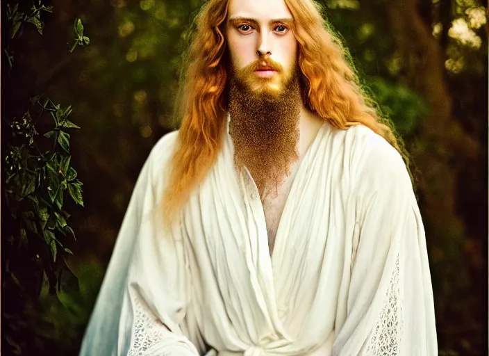 Image similar to portrait photography of a beautiful man how pre-Raphaelites beauty type in style of Nicolas False, britt marling style 3/4 , he has a short beard, golden blond hair, beautiful ethereal lace white robes, 8K, soft light, volumetric lighting, highly detailed Realistic, Refined, Highly Detailed, natural outdoor soft pastel lighting colors scheme, outdoor fine art photography