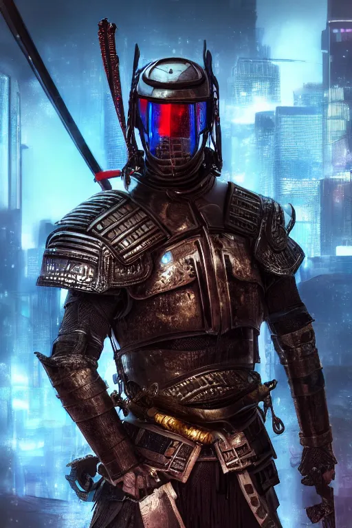 Image similar to magical realism cyberpunk samurai warrior, helmet, armour, ultradetailed, volumetric lighting, 4k UHD.