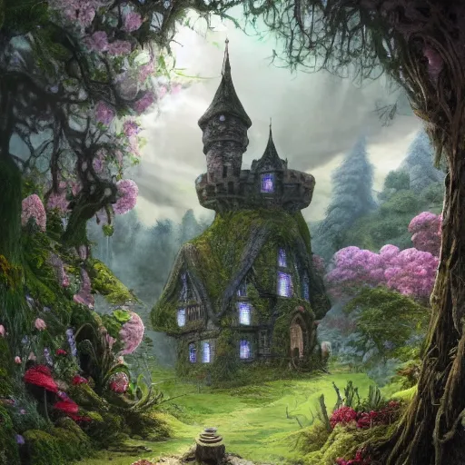 Image similar to A beautiful digital painting of a fantasy castle tower standing alone in the wood covered in flowers, mushrooms and moss with a door and windows and a front path and garden in the shire by Stanley Artgerm Lau, frank frazetta, Rossdraws, James Jean, gerald brom, Andrei Riabovitchev, Marc Simonetti, and Sakimichan, trending on artstation, SFW version