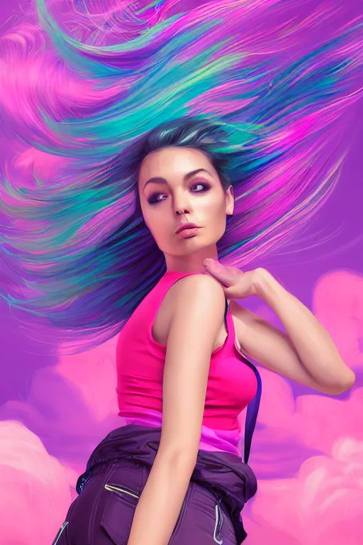 Image similar to a award winning half body porttrait of a beautiful woman in a croptop and cargo pants with ombre purple pink teal hairstyle with head in motion and hair flying, paint splashes, outrun, vaporware, shaded flat illustration, digital art, trending on artstation, highly detailed, fine detail, intricate