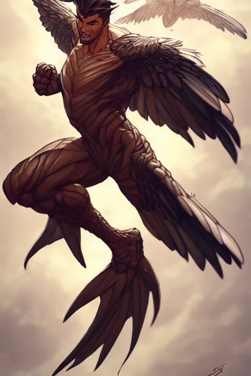 Image similar to character art by wlop, steve henderson, and j scott campbell, gooseman, male hero, goose head, wings, 4 k, arstation, trending, high quality, very detailed, digital