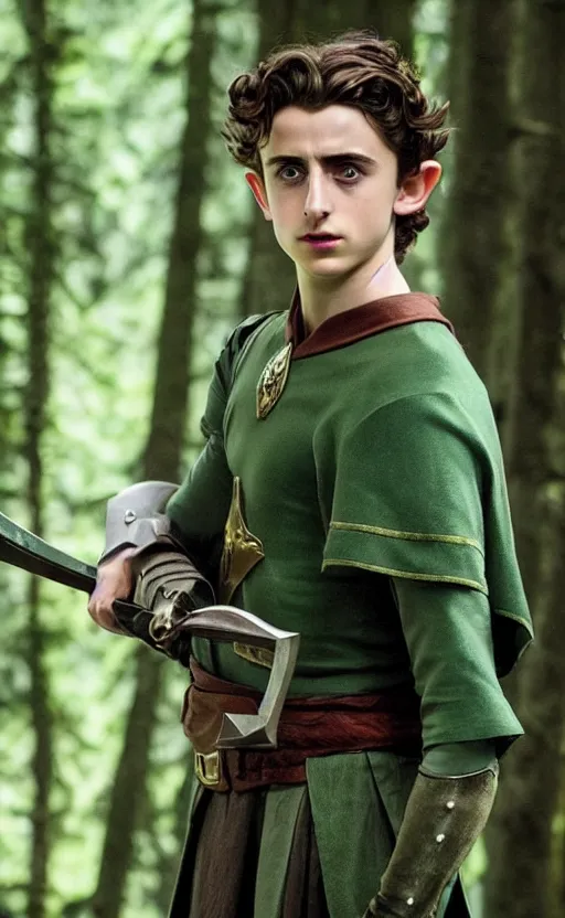 Image similar to Timothee Chalamet starring as Link from Legend of Zelda, movie scene, elf ears, long blonde hair, +++ super super super dynamic posing, thick eyebrows, super serious facial expression, holding a sword & shield, ocarina of time movie, concept photos, dynamic lighting, dynamic shaders, purple light, in the forest