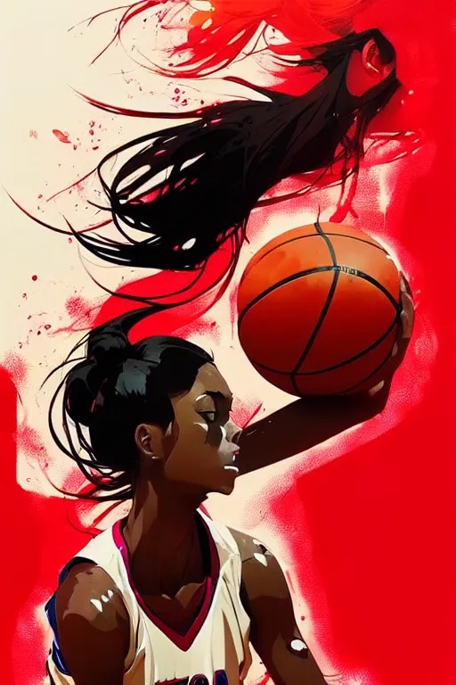 Image similar to a ultradetailed beautiful panting of a woman dribbling a basketball, by conrad roset, greg rutkowski and makoto shinkai, trending on artstation