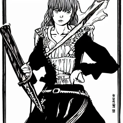 Image similar to Emma Stone as a pirate in the style of Berserk, by Kentaro Miura