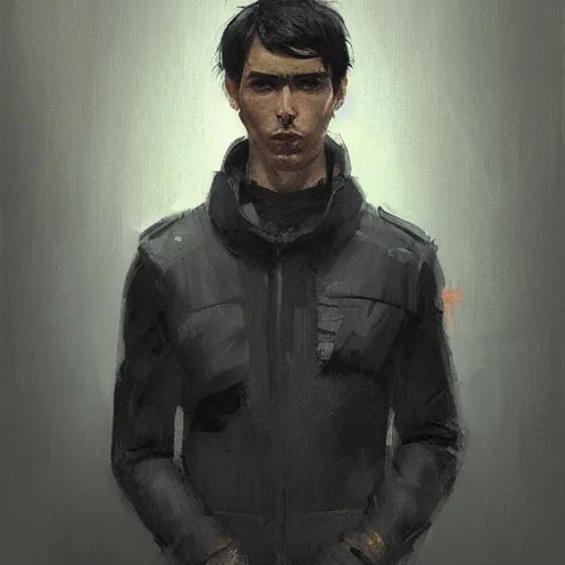 Image similar to portrait of a man by greg rutkowski, he is about 3 0 years old, short black hair with bangs, his features are peruvian, very tall and slender, he is wearing a beige and black utility jumpsuit, highly detailed portrait, digital painting, artstation, concept art, smooth, sharp focus ilustration, artstation hq