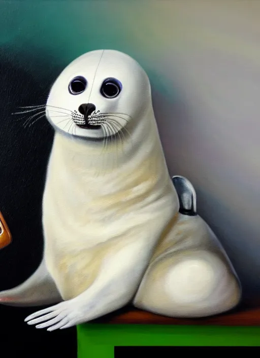 Prompt: highly detailed painting of cute furry white baby seal with an xbox controller by william turner, thick brush strokes and visible paint layers, 4 k resolution