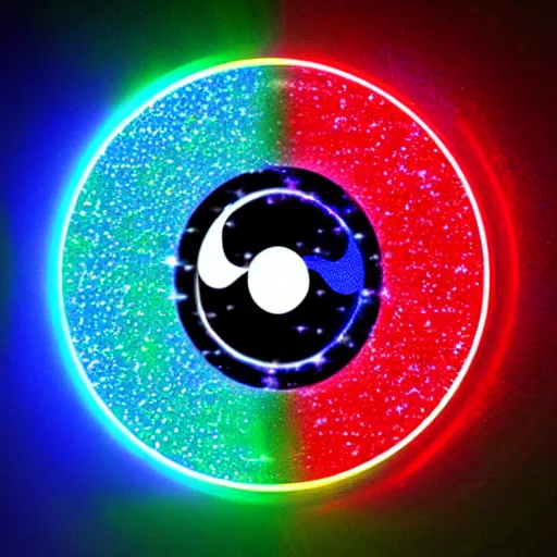 Prompt: digital holographic pixelated ying yang symbol of taoism, lasers, light streaks