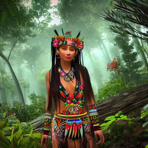 Prompt: an ethereal beauty siberian aborigine woman in extravagant tribal clothes : : background is forest : : lush woods with colorful flowers : : style of mori kei + junglecore + bioluminance : : 4 k, unreal engine