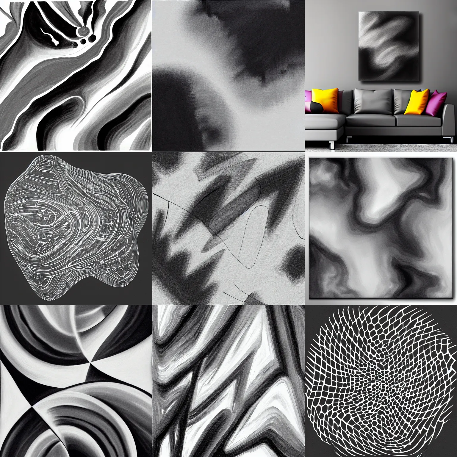 Prompt: abstract grayscale concept art graphic painting illustrating diffusion process