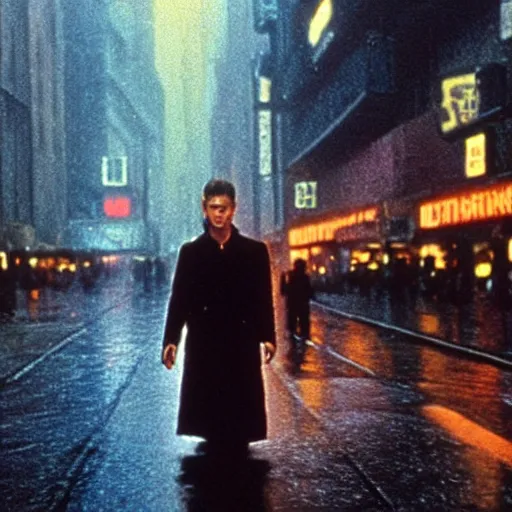Image similar to David bowie in a rainy bladerunner city street, movie still 4k