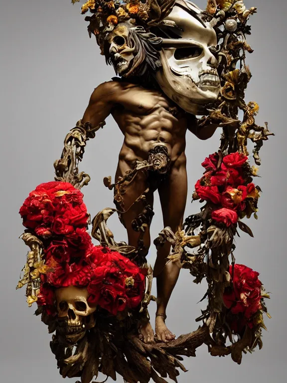 Prompt: a man in the form of a Greek sculpture with a mask in the form of a skull and wreath of flowers, skulls in hands, dressed in a biomechanical dress of a demon by Roberto Ferri, stands in the pose of a super hero on a golden stone, silk, fabric, birds, flowers. red plastic. baroque elements, human skull. full-length view. baroque element. intricate artwork by caravaggio. birds on background. Trending on artstation. halo. octane render, cinematic, hyper realism, octane render, 8k, depth of field, bokeh. iridescent accents. vibrant. teal and gold and red colour scheme