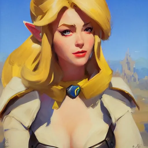 Image similar to greg manchess portrait painting of zelda as overwatch character, medium shot, asymmetrical, profile picture, organic painting, sunny day, matte painting, bold shapes, hard edges, street art, trending on artstation, by huang guangjian and gil elvgren and sachin teng