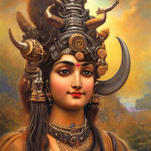 Image similar to detailed potrait of hindu god shiva with hightec vr headset steampunk head armour, girl graceful,, painting by gaston bussiere, craig mullins, j. c. leyendecker, lights, art by ernst haeckel, john william godward, hammershøi,,