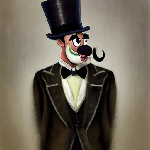 Prompt: dapper fancy luigi wearing a top hat, smirking deviously, painted by wlop