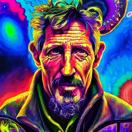 Prompt: John McAfee an extremely psychedelic experience, colorful, surreal, dramatic lighting, cosmonaut, LSD, face, detailed, intricate, elegant, highly detailed, digital painting, artstation, concept art, smooth, sharp focus, illustration, art by Sam Spratt, Dan Mumford, Artem Demura and Alphonse Mucha