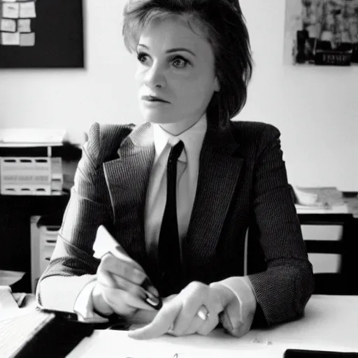 Prompt: actress megan mccarthy wearing a man's suit and tie in a 1 9 8 0 s office, frowning, close - up detailed digital photograph