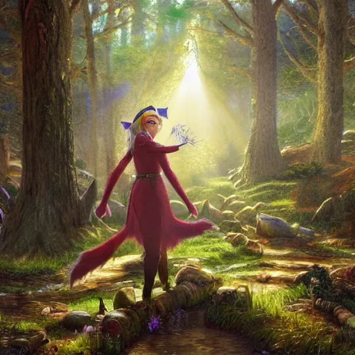 Prompt: photo of the musician grimes as an elf, standing in a forest, showing face, fantasy rpg, dark woods in the background, light rays peaking through the tree, 8 k, art by thomas kinkade, very detailed, photo realism