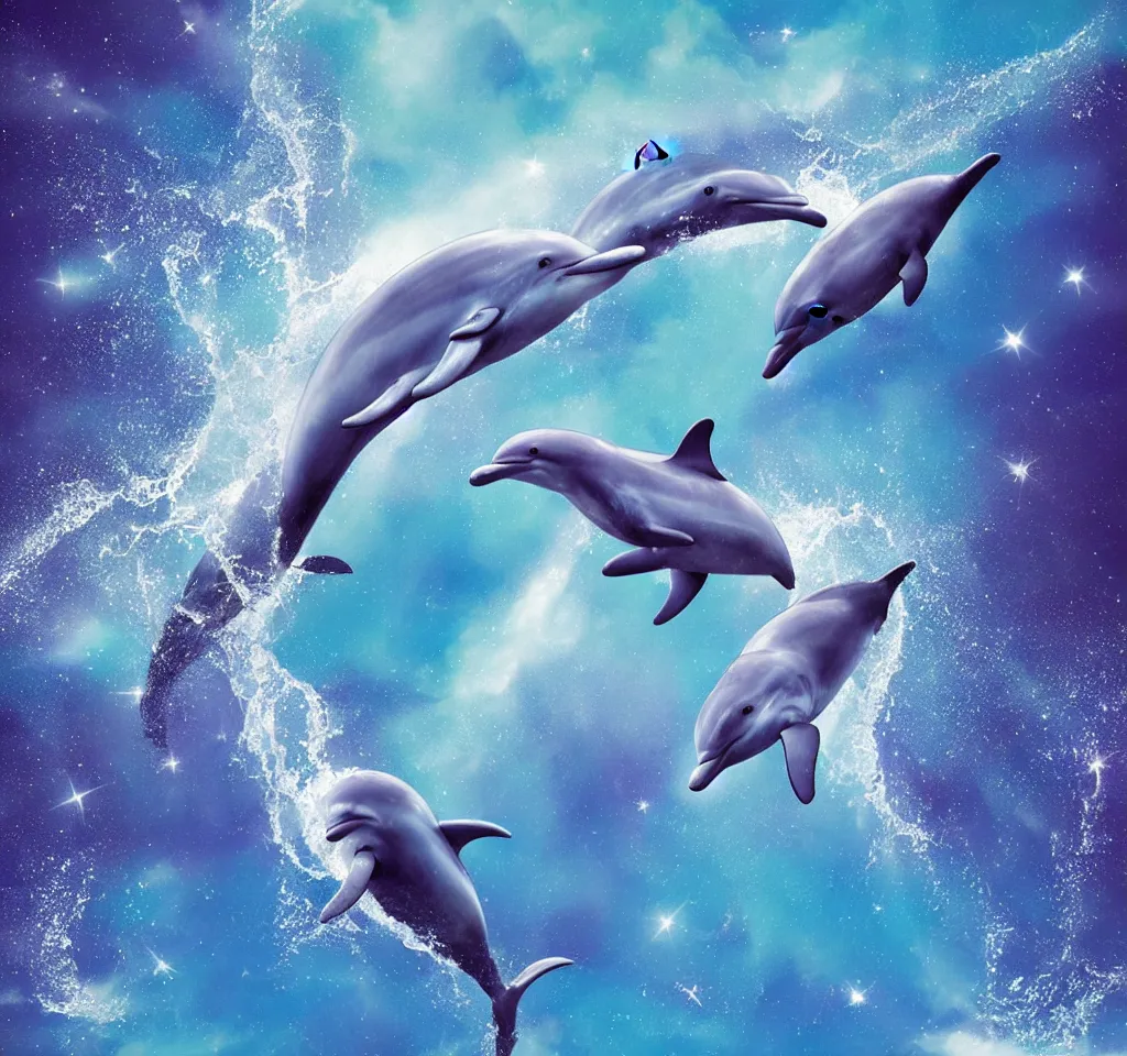 Prompt: dolphin riding a wave in space, realistic, colorful, astral,