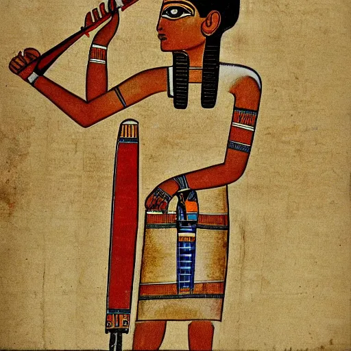 Image similar to Egyptian drawing of a man using a shake weight, ancient, photorealistic