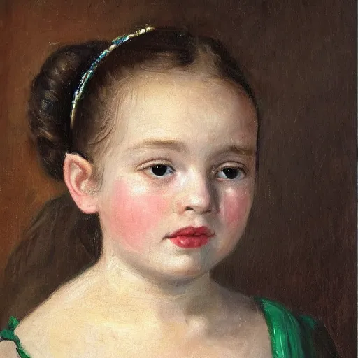 Prompt: a portrait of a young girl wearing an emerald earring. The girl is looking over her shoulder at the viewer with a sly expression on her face. naturalistic style with soft, muted colors. The girl's face is the only part of the painting that is in sharp focus. The rest of the painting is done in a soft, blurry style. The girl's face is lit from the left, creating a soft, halo-like effect around her head. The emerald earring is the only source of light in the painting. an oil tronie painting by Johannes Vermeer.