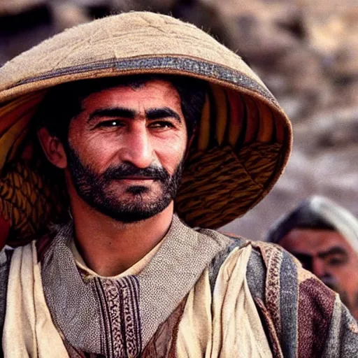 Image similar to Close up of a Kurdish shepherd wearing traditional Kurdish clothes in a movie directed by Christopher Nolan, movie still frame, promotional image, imax 70 mm footage