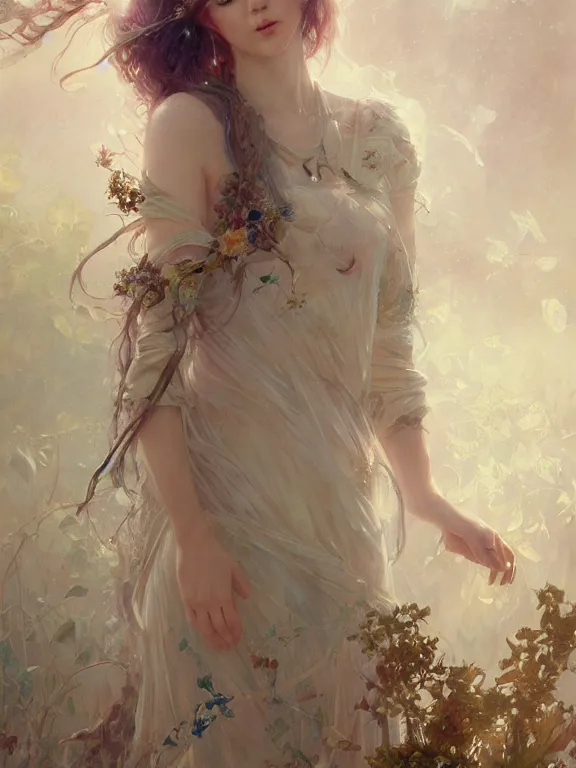 Image similar to Ruan Jia, Full view Ethereal Floralpunk elysian Maiden of radiant light wearing ivory dress made of stardust masterpiece 4k digital illustration, Mandy Jurgens, award winning, Artstation, art nouveau aesthetic, Alphonse Mucha background, intricate details, realistic, panoramic view, Hyperdetailed