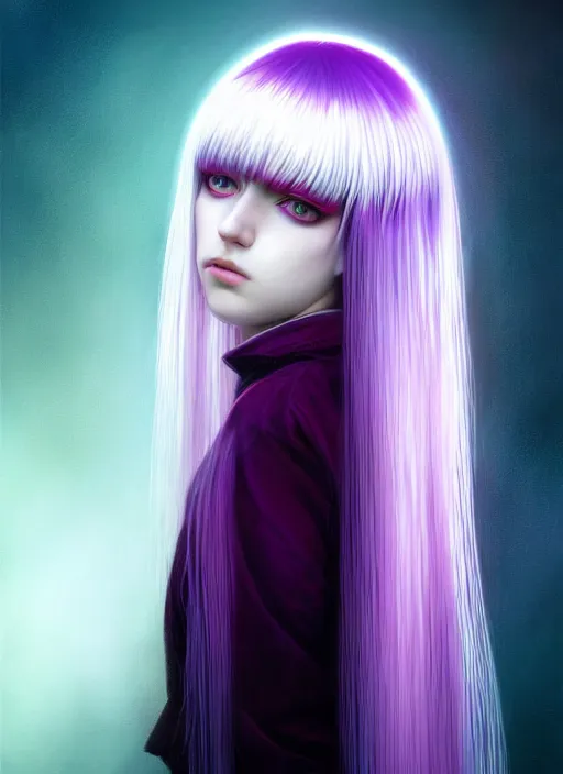 Image similar to hair whitebangs hair, black hair, whitebangs, portrait of teenage girl with white bangs, red irises, purple clothes, white bangs, bangs are different color from hair, intricate, elegant, glowing lights, highly detailed, digital painting, artstation, concept art, smooth, sharp focus, illustration, art by wlop, mars ravelo and greg rutkowski