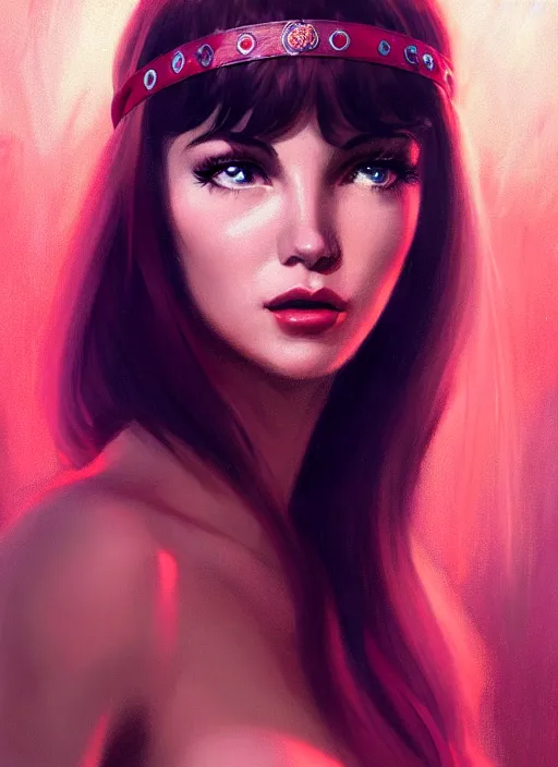 Image similar to portrait of lana rhodes with bangs, 1 9 6 0 s, long hair, red hairband, bangs, intricate, elegant, glowing lights, highly detailed, digital painting, artstation, concept art, smooth, sharp focus, illustration, art by wlop, mars ravelo and greg rutkowski