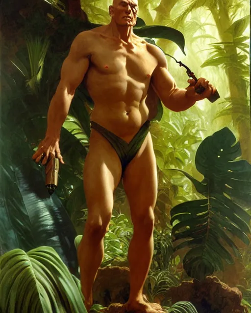 Image similar to doc savage in the jungle, fantasy character portrait, ultra realistic, concept art, intricate details, highly detailed by soft light, volumetric light, misty, william adolphe bouguereau, munch, maxfield parrish, james bama, and frank frazetta