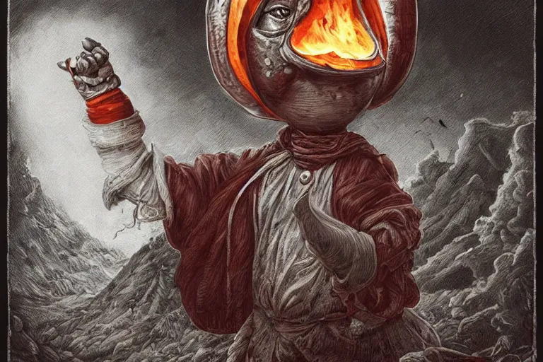 Prompt: a highly detailed pulcinella!! from naples, pizza!, volcano, black sky, smoke, fire lava, post - apocalyptic road warrior vibe, full body, wide angle, an ultrafine detailed painting by joe fenton, trending on deviantart, pop surrealism, whimsical, lowbrow, perfect symmetrical face, sharp focus, octane, masterpiece
