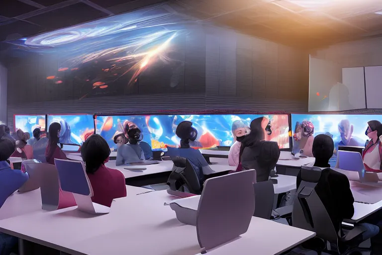 Prompt: digital art, realistic photograph of students in a futuristic classroom,holograph projector,virtual reality,interior design,photorealistic,concept art,HD,extremely detailed,unreal engine,8k