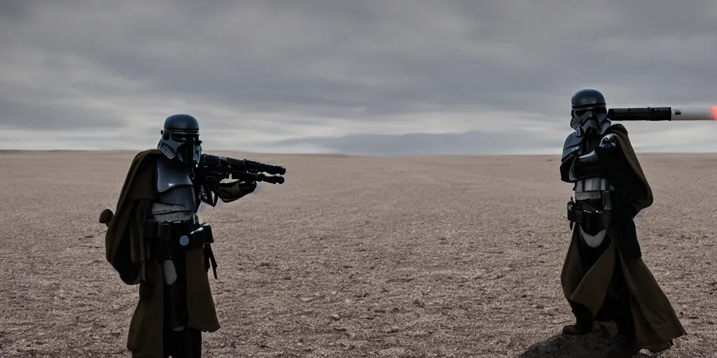 Prompt: scout trooper holding a lightsaber, icelandic desert, cinematic, underexposed, cinematography by greig fraser