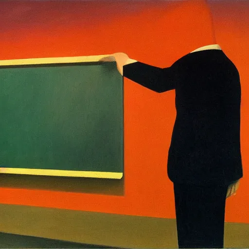 Image similar to devil boss in hell, oil painting by rene magritte and edward hopper