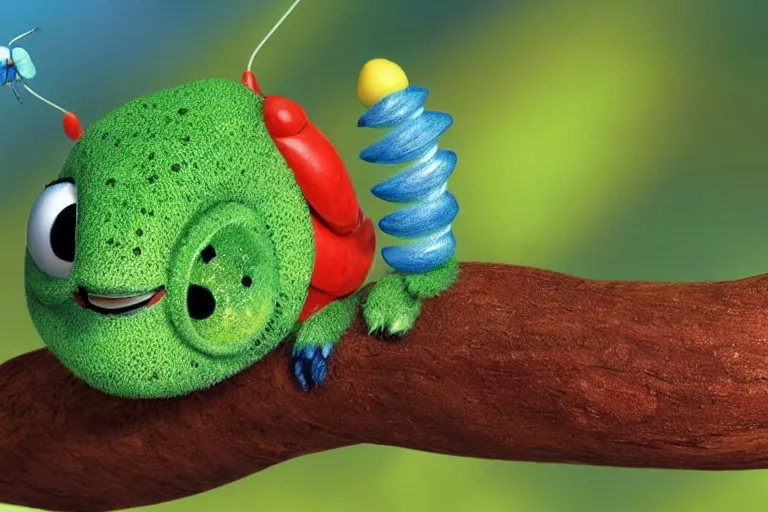 Image similar to disney pixar's a bug's life, cgi caterpillar colorful, furry caterpillar