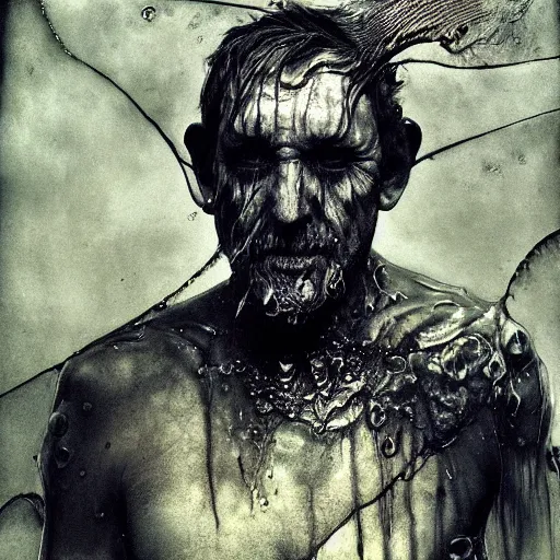 Image similar to wet collodion photography of innsmouth dweller mutant fishman sailor old man with gills and scales creatures from the deep ocean by emil melmoth zdzislaw beksinki craig mullins yoji shinkawa realistic render ominous detailed photo atmospheric by jeremy mann francis bacon and agnes cecile ink drips paint smears digital glitches glitchart