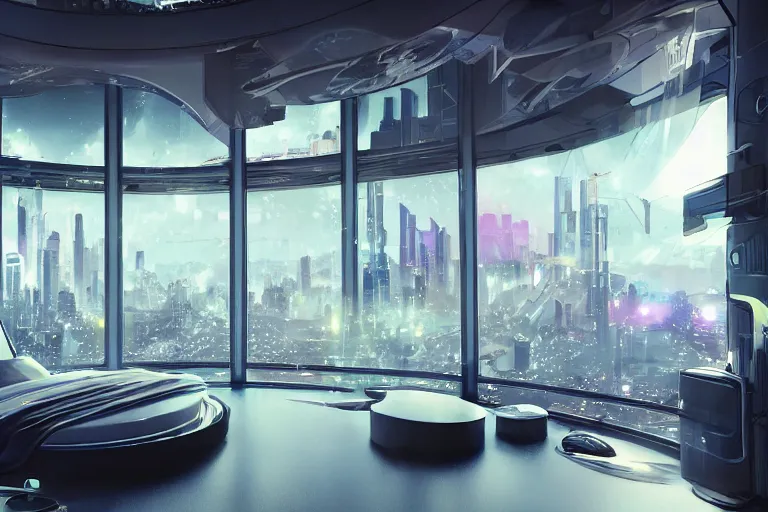 Image similar to a futuristic bedroom with large curved ceiling high windows looking out to a far future cyberpunk cityscape, cyberpunk neon lights, raining, scifi