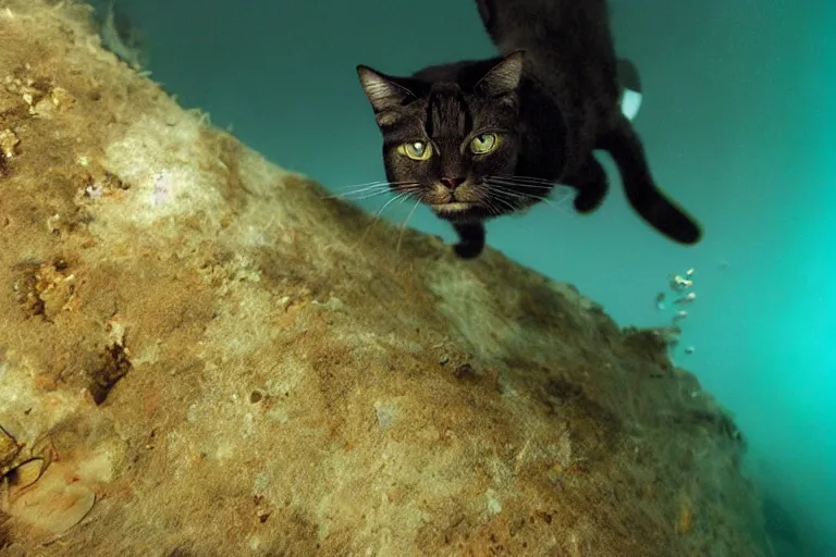 Image similar to a cat dressed as a scuba diver swimming underwater, photo-realistic low lighting, creepy, vast, shot by a camera,