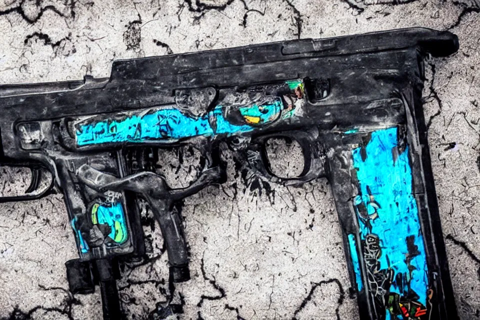 Prompt: cool style graffiti on a cyberpunk gun that says left