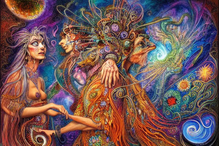 Image similar to two psychedelic shamans intertwined in a cosmic entanglement by Josephine Wall and Daniel Merriam, Artstation